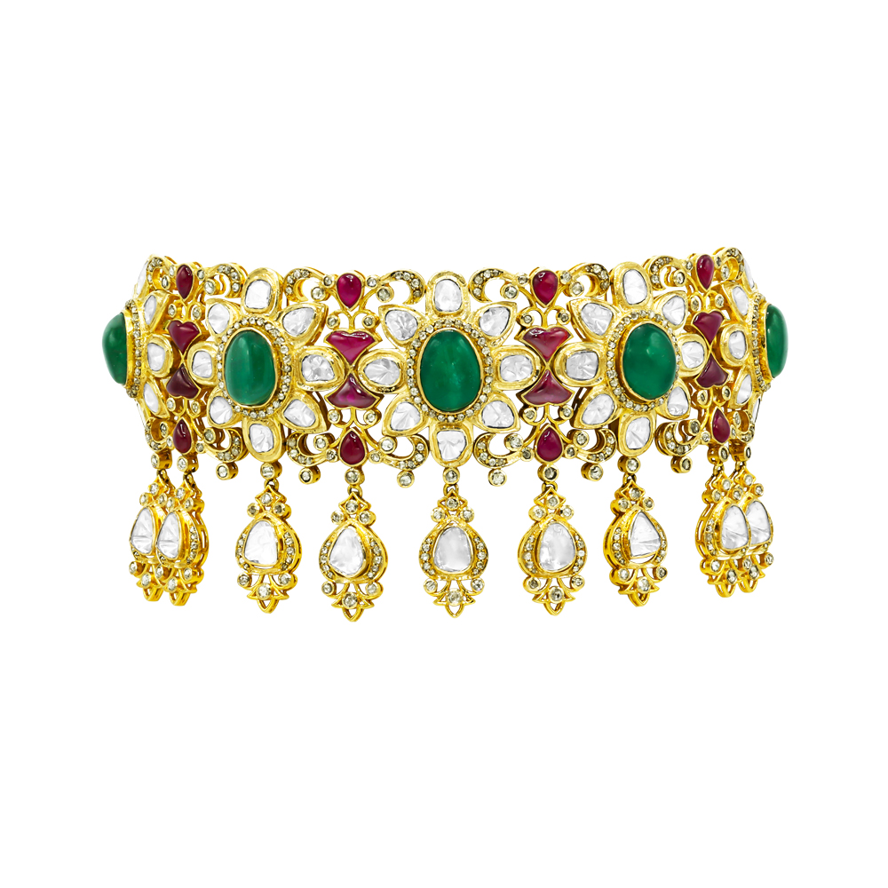 Fusion Choker with Emerald Cabochons, Rubies, and Polki